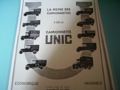 ANCIENNE PUBLICITE LA REINE DES  CAMIONNETTE UNIC   1928  PETITJEAN - Camion