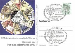 Germany 1993 Postal Stationery Card Cancellation 31-Okt-1993 Fallingbostel, Europe Is One, ECU Common Currency Coin - Münzen