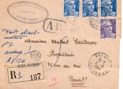 LETTRE AFFRANCHIE RECOMMANDEE  AFFRANCHIE TYPES GANDON  -N° 886 X3  + N° 883 - CAD FALAISE -CALVADOS  1954 - 1921-1960: Periodo Moderno