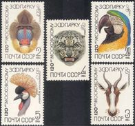 USSR Russia 1984 Moscow Zoo Animals Birds Bird Parrot Leopard Crane Wildlife Monkey Stamps MNH Michel 5356-60 Sc 5226-30 - Grues Et Gruiformes