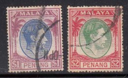 $1 And $2 Used Penang , 1949 - 1952 KGVI Series ,  Malaya, Malaysia, - Penang