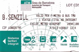 Biglietto  -  Metropolitana  BARCELLONA  -  B. SENZILL -  Anno  2017. - Europa