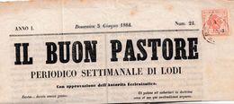 LV177  - 5 Giugno 1864 - Frammento Del "IL BUON PASTORE"- Affrancato Con 2 Kreuzer Rosso Smorto  Da Lodi A Verona. - Lombardo-Venetien