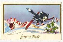 FANTAISIE FÊTE ILLUSTRATEUR Non Signée : Mignonnette " Joyeux Noël " Paysage De Neige Chats Cats Au Ski Animal Humanisé - Animaux Habillés