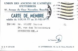 Bruxelles (1040) - Enseignement : Carte De Membre De L'Union Des Anciens De L'Athénée D'Etterbeek, Av. Du 11 Novembre. - Etterbeek