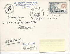 Carte De Voeux 29.12.65 Terre Adélie Dessin Et Signature Paul Emile Victor, Rob. Guillard Timbre N°24 - Covers & Documents