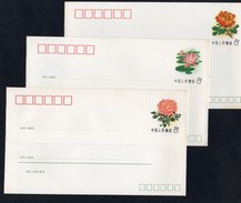 China,VR  1982  3 Umschläge/ Entires (covers)  Ungebraucht/ Not Used ; Pfingstrosen - Enveloppes