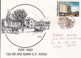 ARAD RAILWAY STATION ANNIVERSARY, SPECIAL COVER, 1993, ROMANIA - Lettres & Documents