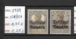 LOTE 1327   ////   ALEMANIA BAYERN  AÑO 1919 - YVERT Nº:  136/137 **MNH SANS GOMME         ¡¡¡¡¡¡¡  LIQUIDATION !!!!!!!! - Nuevos