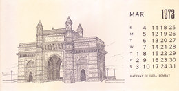 INDIA - RARE AND OLD  PAPER CALENDAR - MARCH 1973 -  PRINTED HAND SKETCH - GATEWAY OF INDIA, BOMBAY - ANTIQUE ITEM - Grand Format : 1971-80