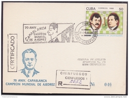 1991-CE-8 CUBA 1991. SPECIAL CANCEL CIENFUEGOS CHESS AJEDREZ. CAPABLANCA CAMPEON MUNDIAL DE AJEDREZ. - Lettres & Documents