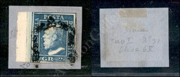 1859 - 2 Grana Azzurro (6 - I Tavola - Pos.31) Bordo Foglio - Su Frammento (265++) - Autres & Non Classés