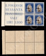 1950 - 55 Lire Tabacco (86) - Blocco Di Quattro Con Testatine  - Gomma Integra - Andere & Zonder Classificatie