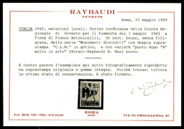 1945 - 30 Cent (CEI 25) Con Doppia Soprastampa + Punto Dopo N In Alto (Errani Ae) - Gomma Integra - Cert. Raybaudi - Autres & Non Classés