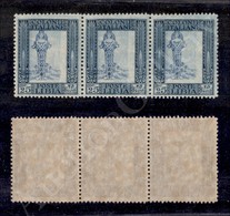 1924 - Striscia Di Tre 25 Cent (48fi - Carta Azzurra) Con Centro Spostato - Gomma Integra - Cert. AG - Andere & Zonder Classificatie