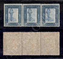 1924 - Striscia Di Tre 25 Cent (48fi - Carta Azzurra) Con Centro Spostato - Gomma Integra - Cert. AG - Otros & Sin Clasificación