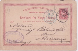 NORVEGE - ENTIER POSTAL - 1887 - CARTE DE CORRESPONDANCE - CAD PARIS ETRANGER BLEU - CAD CHRISTIANNA TO BORDEAUX - Enteros Postales