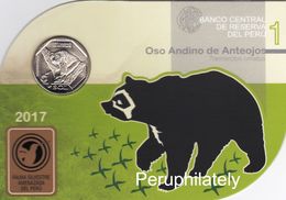 PERU 2017 , FAUNA BEAR , OSO ANDINO DE ANTEOJOS , COIN ON CARD , MINT - Peru