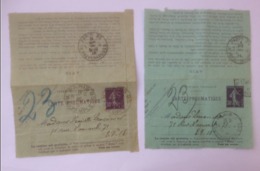 CARTE PNEUMATIQUE SEMEUSE 30 C - 1913 - LOT DE 2 CARTES - Neumáticos