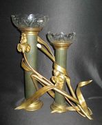 Ancien Bougeoir Soliflore Bronze Cristal Taillé Nancy? Art Nouveau Fin XIX ème - Lámparas Y Arañas