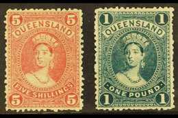 QUEENSLAND  1905-06 5s Rose & £1 Deep Green Perf 12 High Values Lithographed, SG 273/74, Fine Mint, Usual Rough Perfs, V - Other & Unclassified