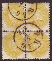 1863-64  2kr Yellow Perf 9½, Michel 30, SG 45, Finely Used BLOCK Of 4 Stamps With "Prag" Cds's, Minor Imperfections, Ver - Other & Unclassified