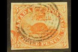 1851  3d Orange-vermilion Beaver On Laid Paper, SG 1a, Four Clear To Good Margins, Neat Target Cancel. For More Images, - Other & Unclassified