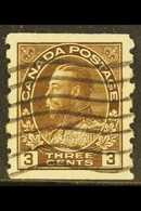 1911-22 MAJOR RE-ENTRY  3c Brown Admiral ImperfxP8 Coil Stamp (SG 224, Unitrade 129), Used With Wavy Line Cancel, Showin - Other & Unclassified