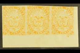 1868  5c Orange, Scott 53, A Never Hinged Mint Marginal STRIP OF THREE, Close Margins At Top And At Left, But A Scarce M - Other & Unclassified