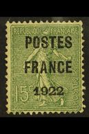 PREOBLITERES  1922 15c Olive With "POSTES / FRANCE / 1922" Precancel, Yvert 37, No Gum, Small Thin.  For More Images, Pl - Other & Unclassified