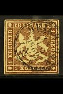 WURTTEMBERG  1859 1kr Brown Imperf Arms On Paper Without Thread, Michel 11a, Fine Used With Four Margins And Neat Circul - Otros & Sin Clasificación