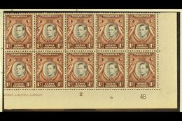 1942  1c Corner Plate Block Of Ten From Plate 4B, Showing "RETOUCHED VALUE TABLET" Variety At R9/6, SG 131ad, Plus "TADP - Other & Unclassified