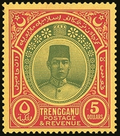 TRENGGANU  1938 $5 Green And Red On Yellow, Wmk Mult Script CA, SG 44, Very Fine Mint. Fresh & Attractive. For More Imag - Other & Unclassified