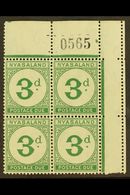 POSTAGE DUES  1950 3d Green, Sheet Number, Corner Block Of 4, SG D3, Never Hinged Mint, Few Split Perfs At Top. For More - Other & Unclassified