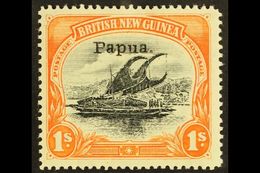 1907  1s Black & Orange Lakatoi Small "Papua" Overprint Watermark Vertical Line Perf, SG 44, Fine Mint, Very Fresh. For - Other & Unclassified
