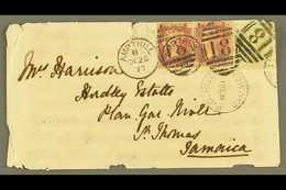 1877  (Oct 26) Cover To Jamaica (faults) Bearing 1858-79 1d Pair Plus 1877 4d Sage-green (SG 153) Plate 15, All Tied By - Other & Unclassified