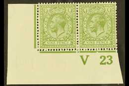 1912-24  9d Olive-green, SG 393a, Very Fine Mint Lower Left Corner CONTROL NUMBER 'V 23' PAIR Perf Type 2 (single Extens - Other & Unclassified