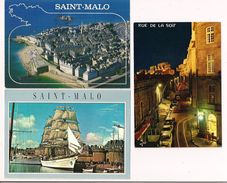 Saint Malo : 3 Cartes De La Ville En Vue Aérienne, Grand Voilier 3 Mâts Dans Le Bassin Et Rue De La Soif La Nuit - - Saint Malo
