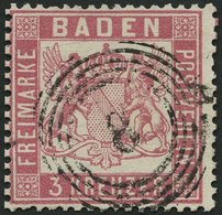 BADEN 16 O, 1862, 3 Kr. Rosakarmin, Nummernstempel 8, Kleine Kratzspur Sonst Pracht, Mi. 380.- - Sonstige & Ohne Zuordnung