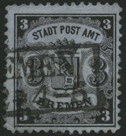 BREMEN 11 O, 1867, 3 Gr. Schwarz Auf Blaugrau, Pracht, Signiert Thier, Mi. 450.- - Brême