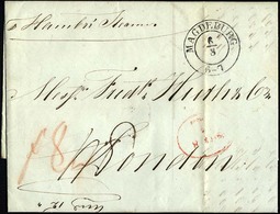 HAMBURG - GRENZÜBERGANGSSTEMPEL 1845, T 8 AUG, In Rot Auf Brief Von Magdeburg (K2) Nach London, Handschriftlich Hamburg - Préphilatélie