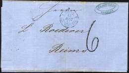 HAMBURG - GRENZÜBERGANGSSTEMPEL 1857, 6, Taxstempel Auf Brief Von Hamburg Nach Reims, Blauer Tourstempel, Rückseitiger D - Prefilatelia