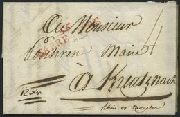 PREUSSEN 1815, 55 SARRE LIBRE, Roter L2, Brief Mit 12 Kr. Taxe Nach Kreutznach, Feinst - Prefilatelia