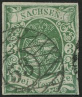 SACHSEN 2IIa O, 1851, 3 Pf. Saftiggrün, Type II, Nummernstempel 53 (MEERANE), Pracht - Saxony