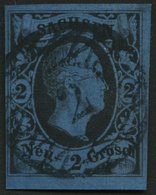 SACHSEN 7 O, 1852, 2 Ngr. Schwarz Auf Mittelblau, Zentrischer Nummernstempel 2, Kabinett - Saxony