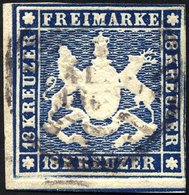 WÜRTTEMBERG 15 O, 1860, 18 Kr. Dunkelblau, Zweiseitig Berührt Sonst Farbfrisches Prachtstück, Mi. 1500.- - Other & Unclassified