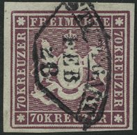 WÜRTTEMBERG 42a O, 1873, 70 Kr. Braunlila, Feld 6, Schwarzer Fächerstempel STUTTGART, Farbfrisches Prachtstück, Fotoatte - Otros & Sin Clasificación