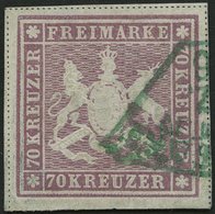 WÜRTTEMBERG 42b O, 1873, 70 Kr. Rotlila, Feld 5, Grüner Fächerstempel STUTTGART, Allseits Breitrandig, Pracht, Fotoattes - Autres & Non Classés