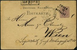 BAHNPOST Emden-Warburg, L3, 1877-1879, Auf 4 Ganzsachenkarten Mit 1/2 Gr. Und 3x 5 Pfe., Dabei Eine Nach Wien, Feinst - Maschinenstempel (EMA)