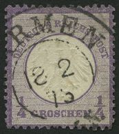 Dt. Reich 1 O, 1872, 1/4 Gr. Grauviolett, K2 BARMEN, Pracht, Gepr. Brugger, Mi. 120.- - Gebraucht